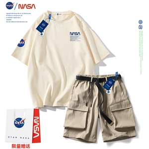NASA夏季新款短袖t恤男士美式情侣套装宽松潮牌一套搭配帅气衣服