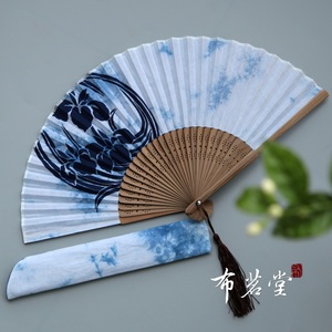 布茗堂 手工扎染印染折扇 植物蓝染棉布折扇和风日式工艺折扇