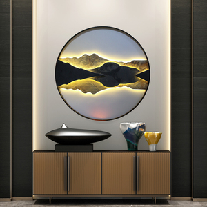超薄岩板玄关装饰画新中式挂画山水透光画禅意风景画圆形客厅壁画