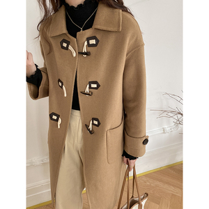 百分之三 茶棕色 减龄连帽牛角扣羊毛大衣女2021年新款温柔系韩版