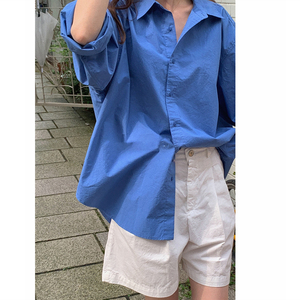 韩版大码宝蓝色薄款水洗全棉长袖中长款宽松衬衫女衬衣