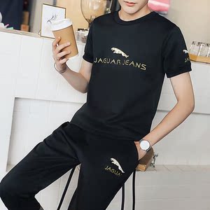 2017夏季新品大码男装夏装短袖t恤休闲套装男7分裤捷豹运动服男潮