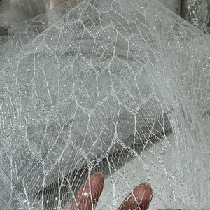 银色闪粉网格造型硬网纱喷银撒粉不规则烫金婚纱礼服面料布料