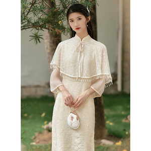 司藤同款旗袍披肩夏季改良民国风复古女装小洋装名媛连衣裙两件套