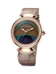 宝格丽bvlgari 女士18k 玫瑰金钻石羽毛鳄鱼皮腕表机械手表37mm