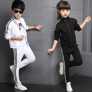 男童女童长袖纯色运动装中小学生条纹黑白韩版套装儿童春季纯白色