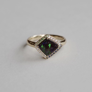 jc专业欧泊设计澳洲天然铁欧泊几何菱形戒指14k镶嵌彩宝钻石个性