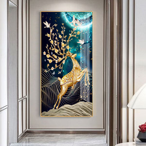 入户玄关装饰画现代简约过道走廊竖版麋鹿晶瓷画一路有你镶钻挂画