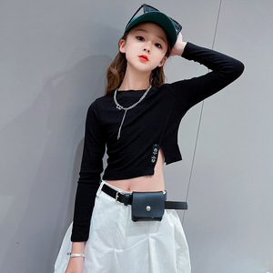 女童黑色t恤修身百搭开叉上衣儿童洋气短款露脐装大童长袖打底衫
