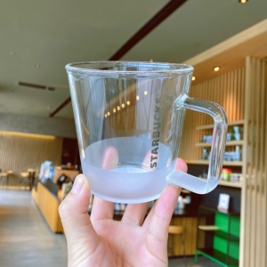 星巴克355ml经典品牌字母纯白磨砂玻璃简约透明喝水玻璃马克杯子