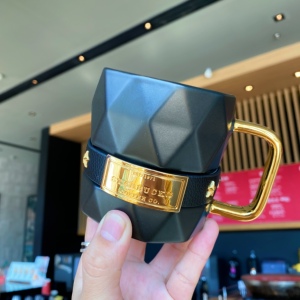 限量 星巴克285ml经典黑金棱面陶瓷马克杯时尚手柄杯创意礼物简约