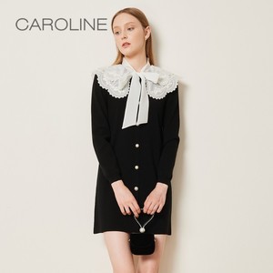 CAROLINE卡洛琳 冬季新款系带蝴蝶结网纱针织连衣裙ECRBDD76