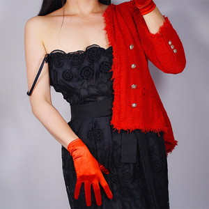 丝绸手套 22cm弹性丝光绸缎面大红色正红色短款防晒礼服旗袍