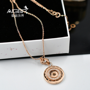 时来运转锁骨链 钛钢14k金时尚百搭圆形转动字母水钻吊坠女项链