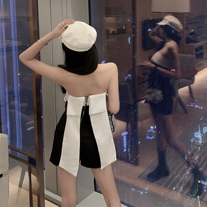 港风一字肩抹胸连体裤女装2021夏季薄款高腰露背连衣阔腿时尚短裤