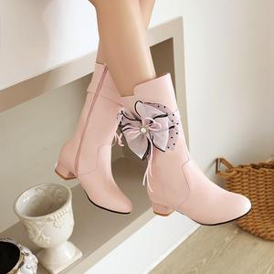 鞋女粉色红色靴子婚鞋大花低跟中筒甜美公主大码女靴小码女鞋 SH