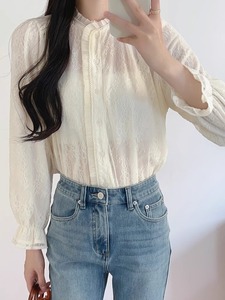 韩国蕾丝刺绣衬衫女春季新款设计感小众木耳边雪纺衬衣泡泡袖上衣