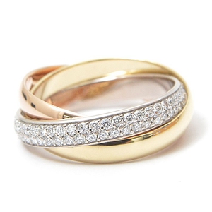 二手真品cartier卡地亚18k三色金三环镶嵌钻石彩金戒指女47号手饰