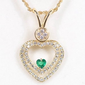 二手真品98新waltham华生18k黄金镶嵌钻石绿宝石双心吊坠锁骨项链