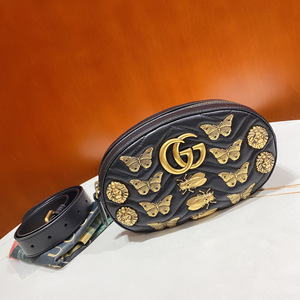 gugus/古驰/gucci/marmont黑色/昆虫系列/铆钉装饰腰包/女包