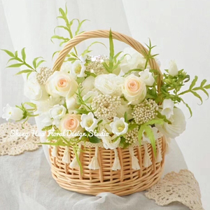 母亲节花篮 网红流苏柳编鲜花篮手提花篮 花艺沙龙草篮编织插花篮