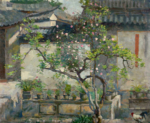 中式装修风景徐悲鸿油画鸡足山庙宇庭院纯手绘装饰画临摹复制品