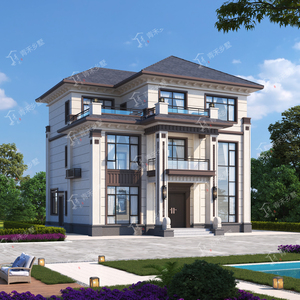 3196网红新中式三开间三层别墅设计图纸农村自建房设计图复式客厅