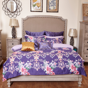 《兰叙》紫罗兰四件套生机家纺全棉柔丝缎印花被套现代简约床品