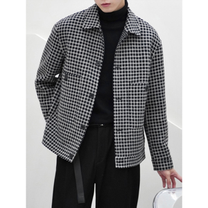 里奈男装轻奢翻领黑白格子双面羊绒夹克男秋冬高级感千鸟格外套