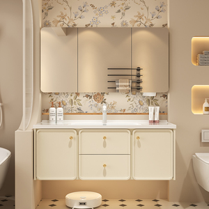 奶油风法式浴室柜组合陶瓷一体盆洗手脸盆柜卫生间洗漱台现代简约