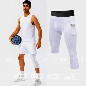 白色美式篮球长短紧身裤男带口袋打篮球打底裤弹力速干透气健身裤