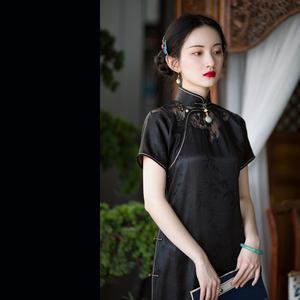 绣纱轻丨2021夏季新款丨香云纱如意云头短袖复古民国风旗袍日常女