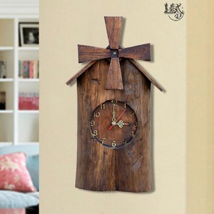 泰国实木质大风车挂钟壁饰客厅中式木雕装饰挂表创意壁挂式时钟表