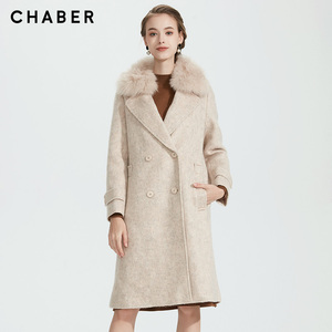 全新。chaber/巧帛冬季绵羊毛气质毛领双排扣直筒女式大衣