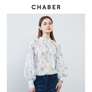 chaber巧帛春季新款法式立领小碎花雪纺衫优雅气质泡泡袖女衬衫