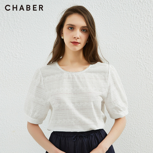 chaber巧帛夏季新品纯棉短袖衬衫刺绣甜美优雅女士套头圆领上衣