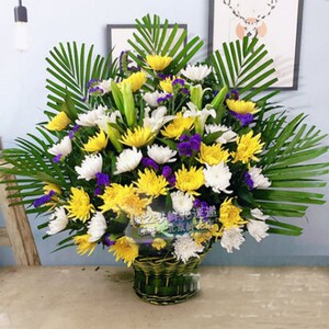 清明节黄白菊花扫墓花篮祭奠扇面去世哀思灵堂布置北京同城鲜花店