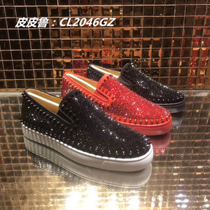 CL铆钉鞋男钻鞋女黑色边钉一脚蹬低帮红底鞋0-gz明星同款男女鞋潮