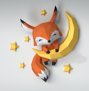 欧美创意3d纸模月亮上大狐狸diy纸制动物挂件装饰手工材料包包邮