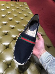 gucci/古驰 男士黑色双g红绿条刺绣时尚渔夫鞋 意大利直播代购