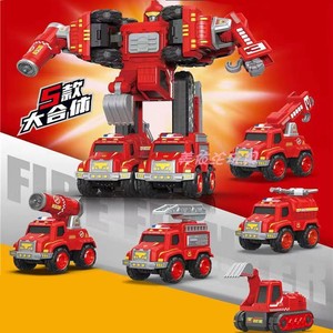 儿童变形新款合金消防战队益智拆卸组装车五合体工程机器人玩具