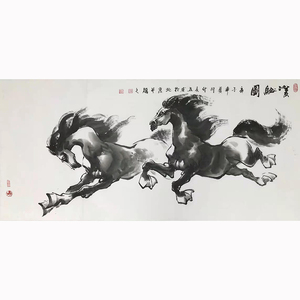 拍卖国画水墨马画双骏马图4尺横幅手绘客厅办公室装饰画真迹收藏