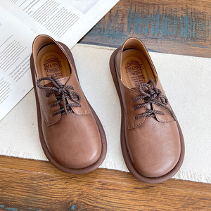 大头皮鞋女英伦风小皮鞋森系复古宽头大头娃娃鞋圆头真皮系带单鞋