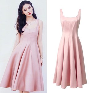 杨颖baby明星同款气质甜美收腰显瘦伴娘连衣裙u领大摆无袖吊带裙