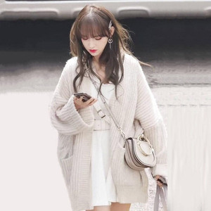 2021秋程潇明星同款衣服慵懒风简约大口袋宽松长袖毛衣外套开衫女