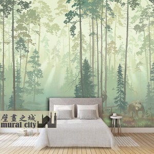 简约北欧风格迷雾森林壁纸日系手绘墙纸树林动物风景壁画布背景墙