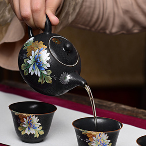 简约陶瓷铁锈釉茶壶中式立体手工扒花过滤功夫茶具木柄侧把壶单壶