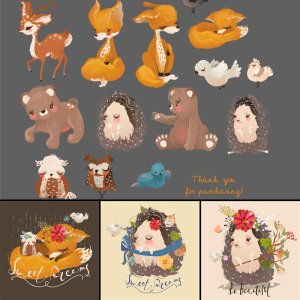恐龙插画水彩图片动物小植物卡通手绘狐狸ai兔子花卉模板森林未来矢量v恐龙素材图片
