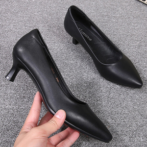 真皮软底久站细跟工作鞋女黑色配西装职业面试女士皮鞋单鞋女鞋