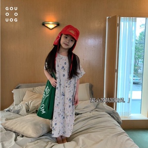 紫苏韩国童装代购2022夏gu女童大童全棉碎花随意超长卫衣裙连衣裙